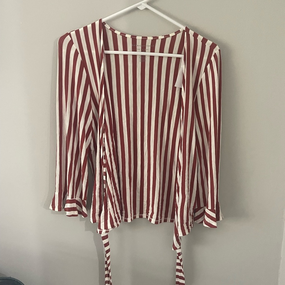 NWT American Eagle white & red striped flare slave wrapped shirt top blouse Lg